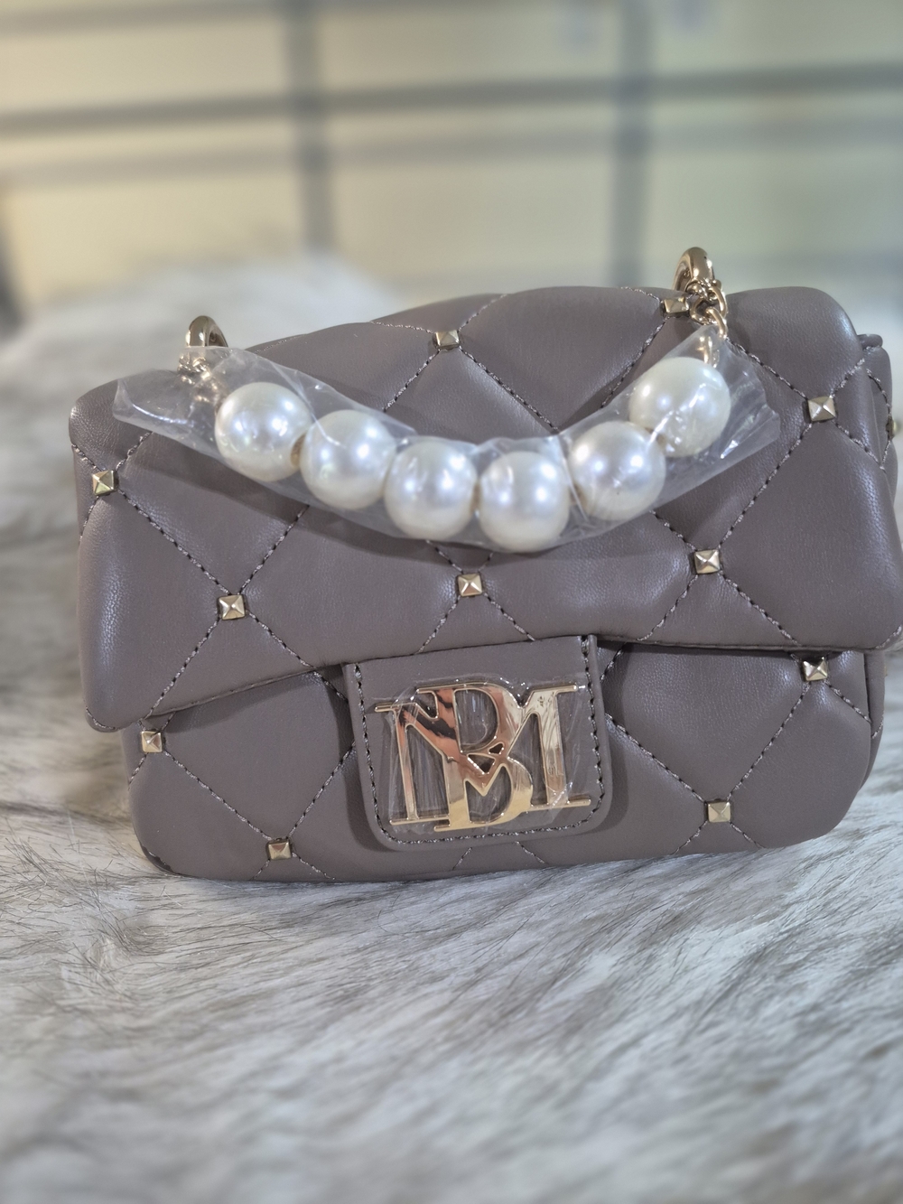 Quilted Pearl-Handle Leather Crossbody Bag in Taupe